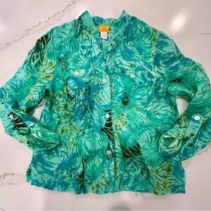 188.  Ruby Rd. Green and Blue sheer Button Down Shirt size 14